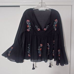 ZARA Trafaluc Collection black, floral embroidered, flowy blouse